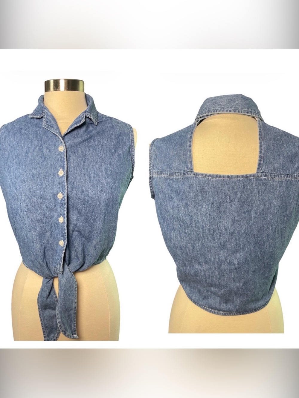 Vintage Y2K Cotton Sleeveless Collared Button Down Top Back Cutout Tie Waist
